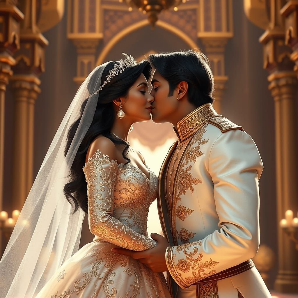 Jasmine and Aladdin's Wedding Day Kiss: Realistic Rendering