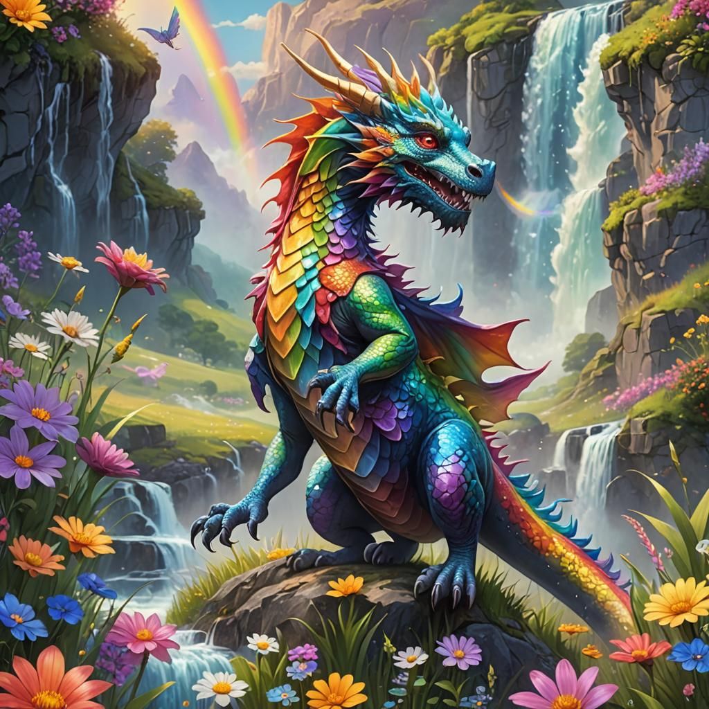 Rainbow Dragon in Meadow: Vibrant Fantasy Art