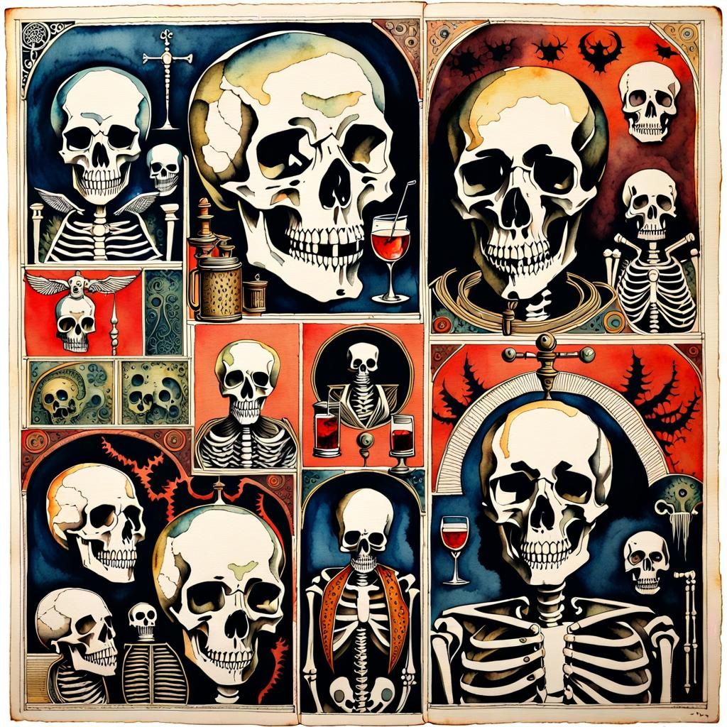 Dystopian Skeletons in Medieval Watercolor Style