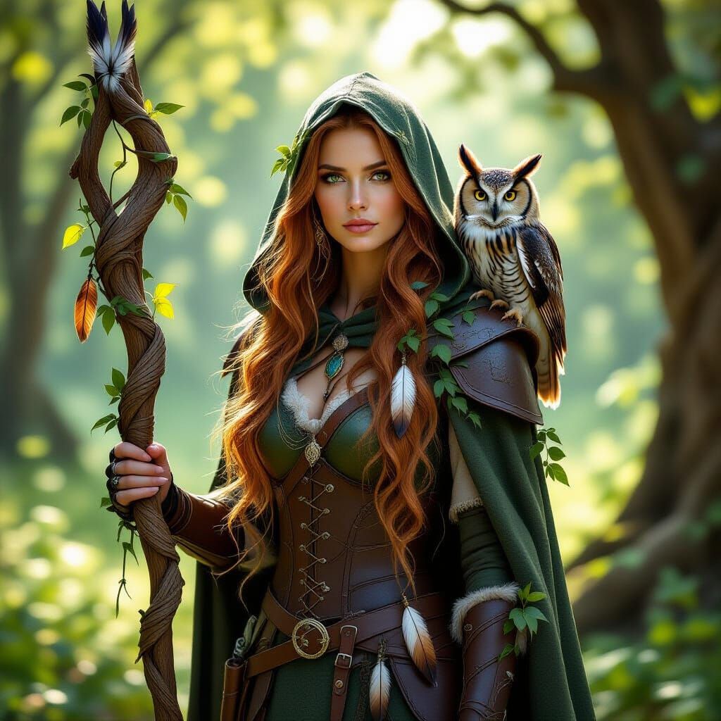Elven Druid in Forest Clearing: Hyperrealistic Digital Art