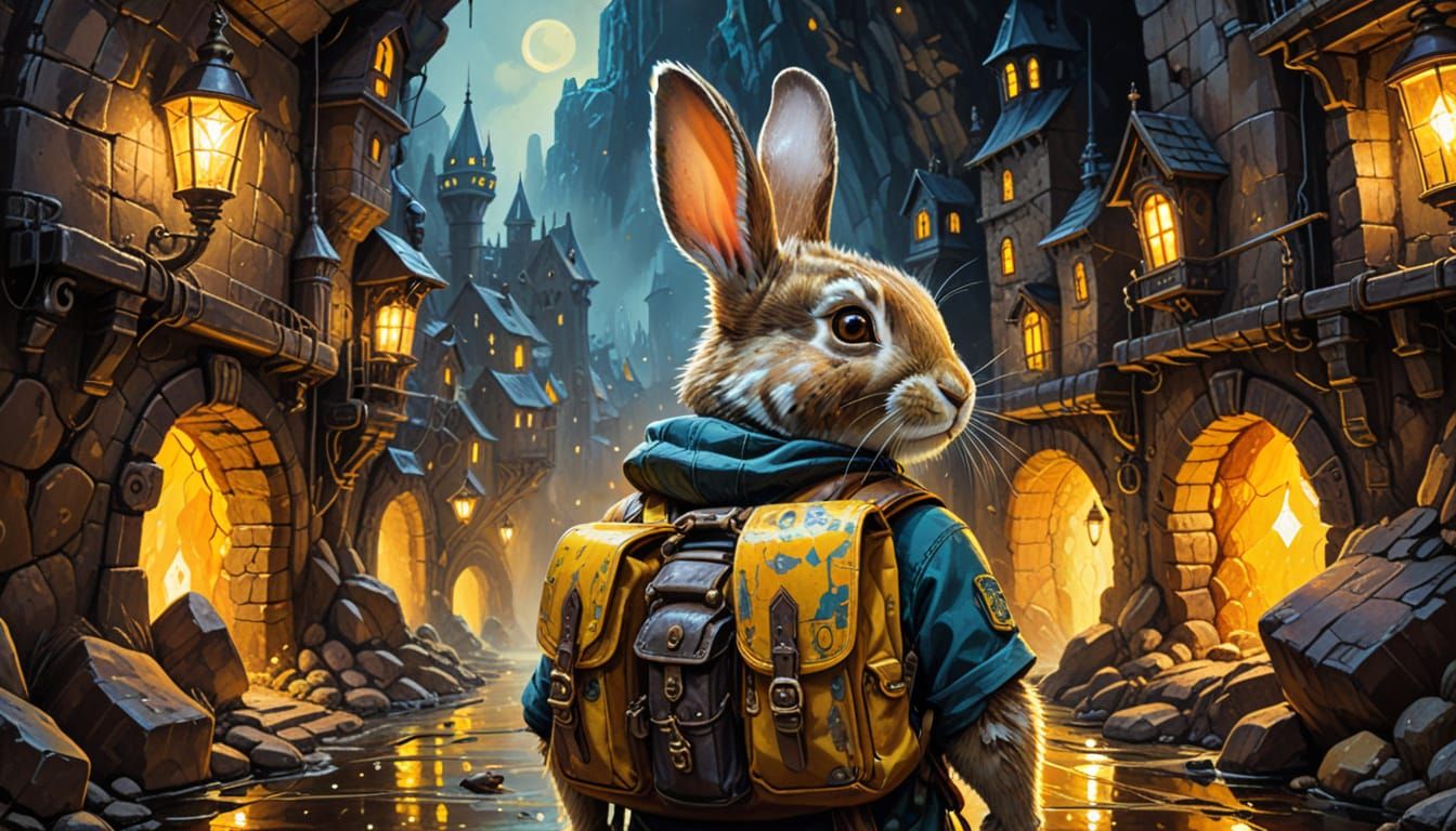 Steampunk Rabbit Adventurer in Night City Oil Painting