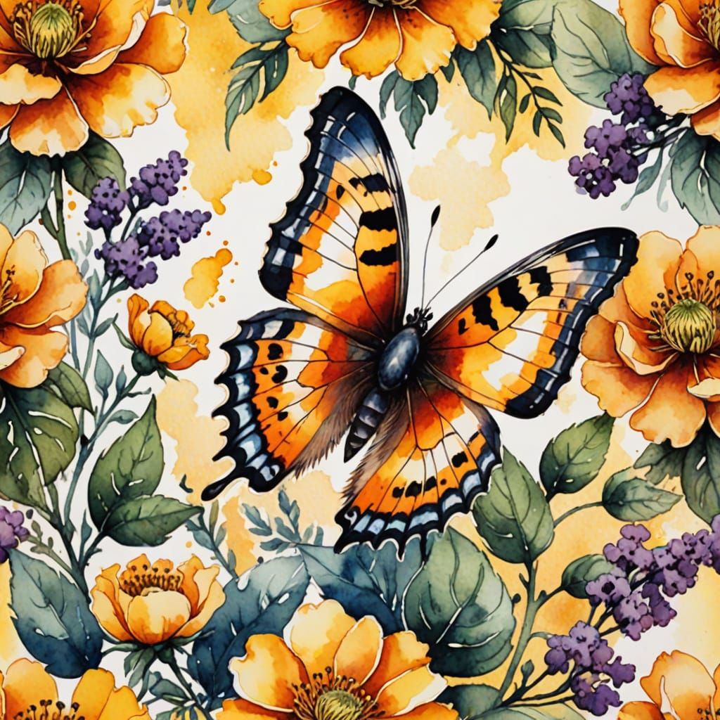 Vibrant Butterfly on a Blossoming Flower in Whimsical Ink St...