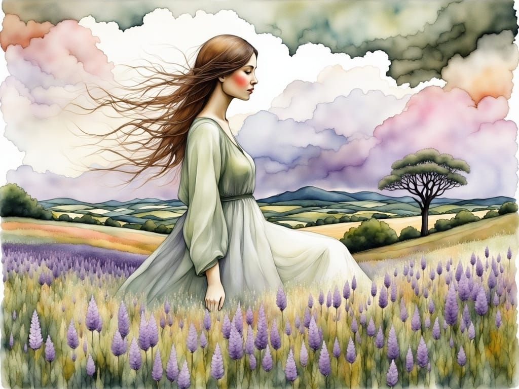 Summer Landscape with Woman, Liquid Ink Watercolor