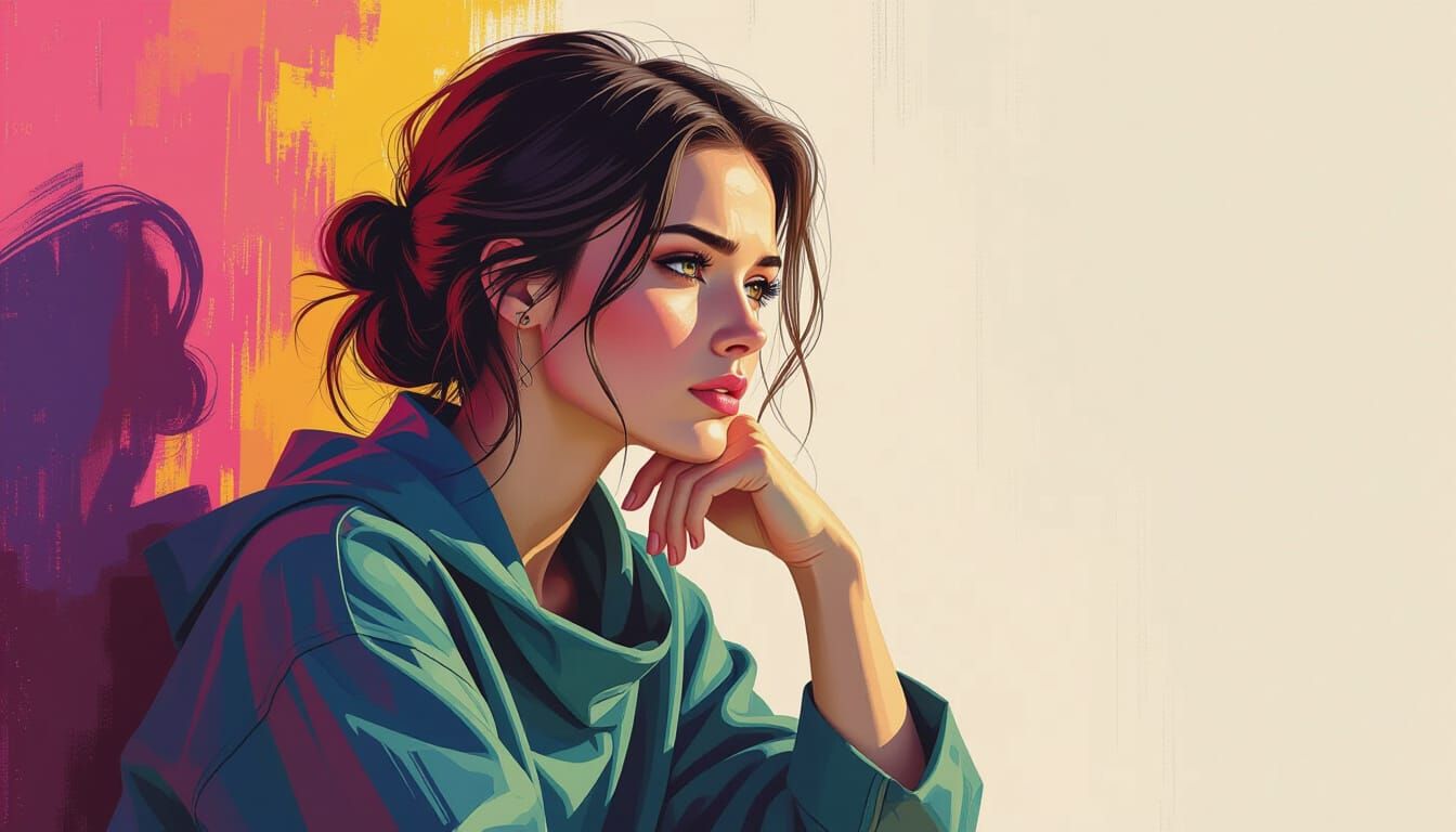 Contemplative Woman in Colorful Splash Art Style