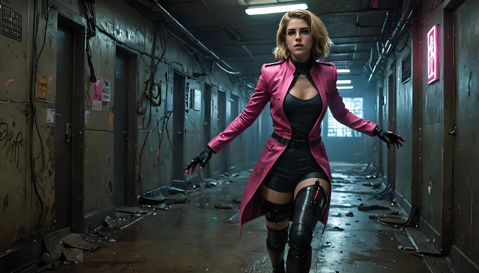 Cyberpunk Witch Running from Nightmare Monster