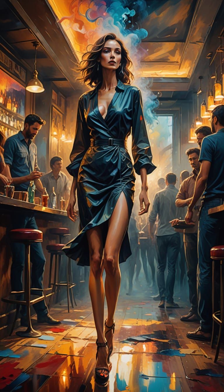 Ethereal Goddess Dominates a Smoky Bar in Vibrant Oil Painti...