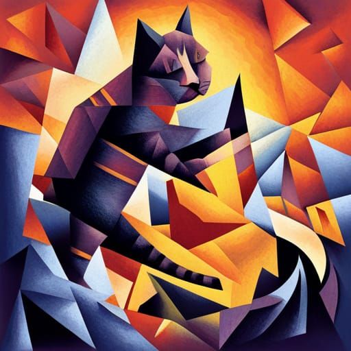 Hero Firefighter Cat Rescuing Dog, Cubist Style