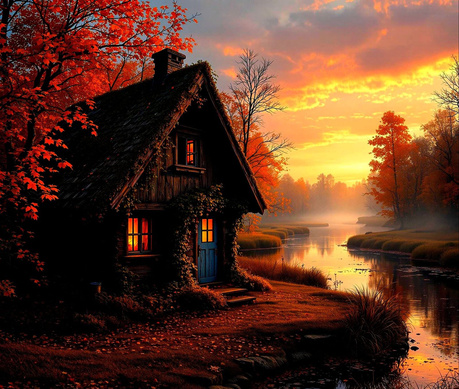 Serene Autumn Cabin Amidst a Sunset River Landscape