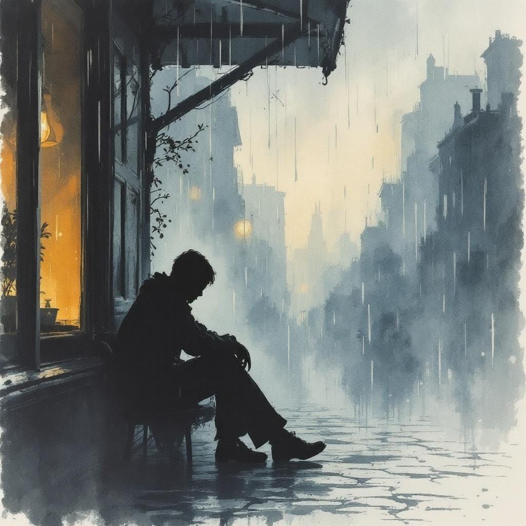 Melancholic Cafe Scene in Bleeding Watercolor Style