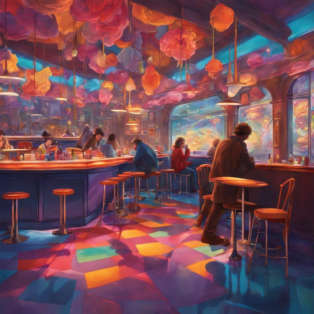 Vibrant Night Cafe Scene with Friends and Whimsical Lightnin...