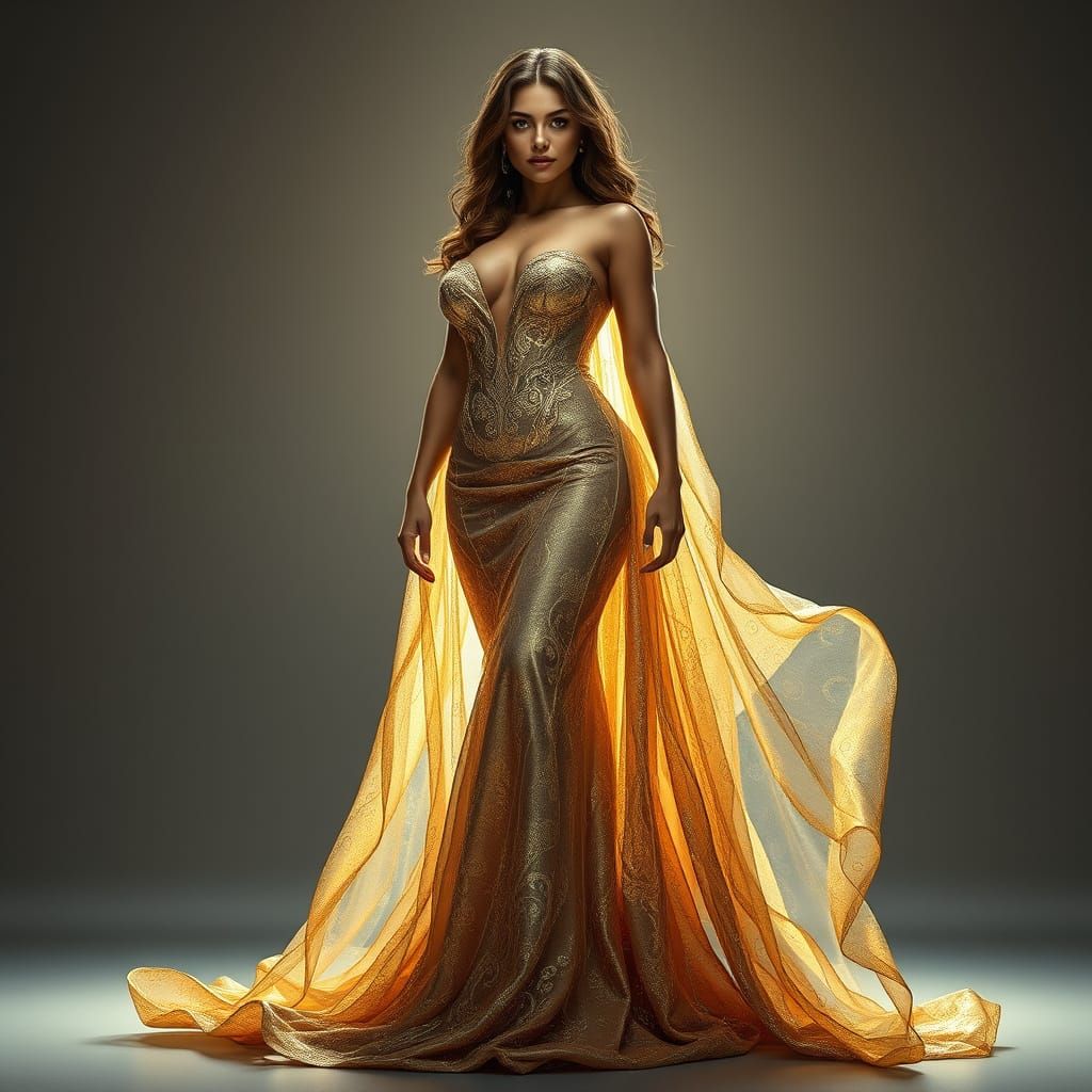 Regal Woman in Iridescent Gown, Radiating Confidence and Poi...