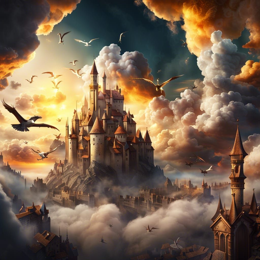 Medieval City in the Clouds with Dragons