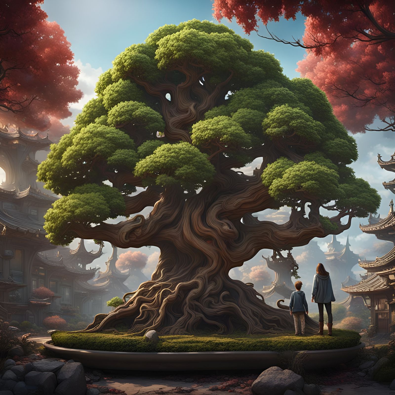 Giant Bonsai Tree with Gremlins: Detailed Matte Painting