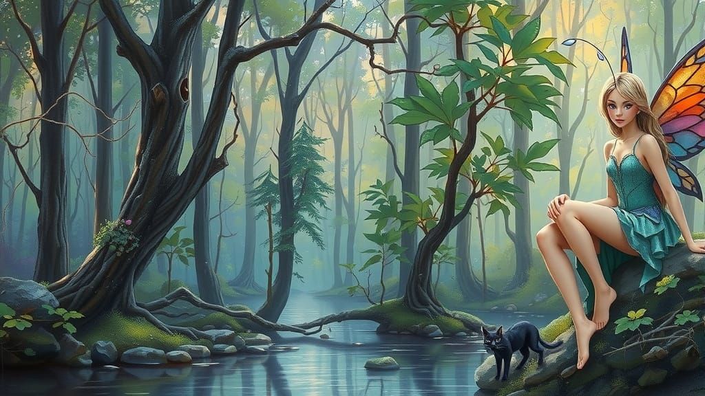 Enchanted Forest Fairy with Black Cat by Reflecting River