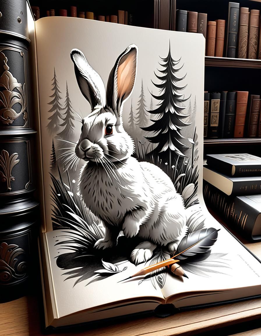 Rabbits in Library: Ink Drawing Illustration