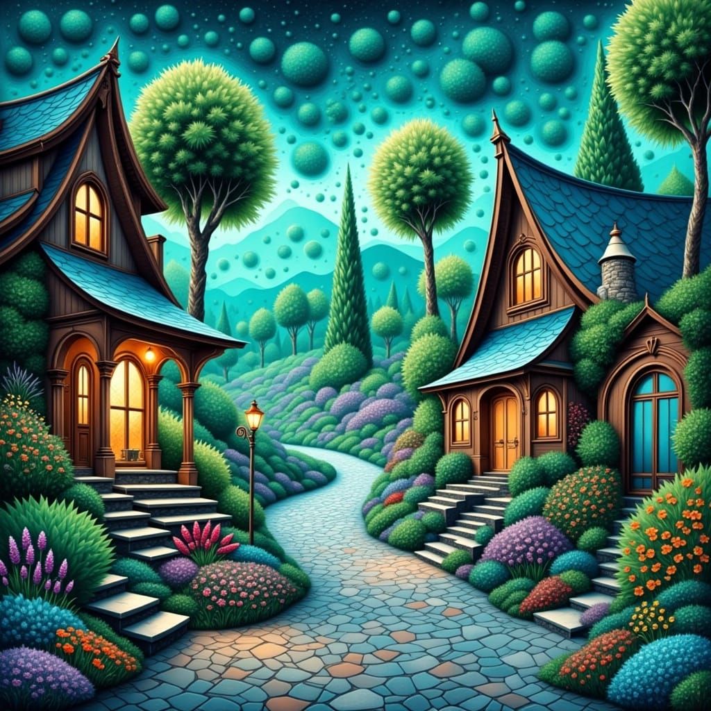 Vibrant Italian Courtyard Scene in Textured, Impasto Style