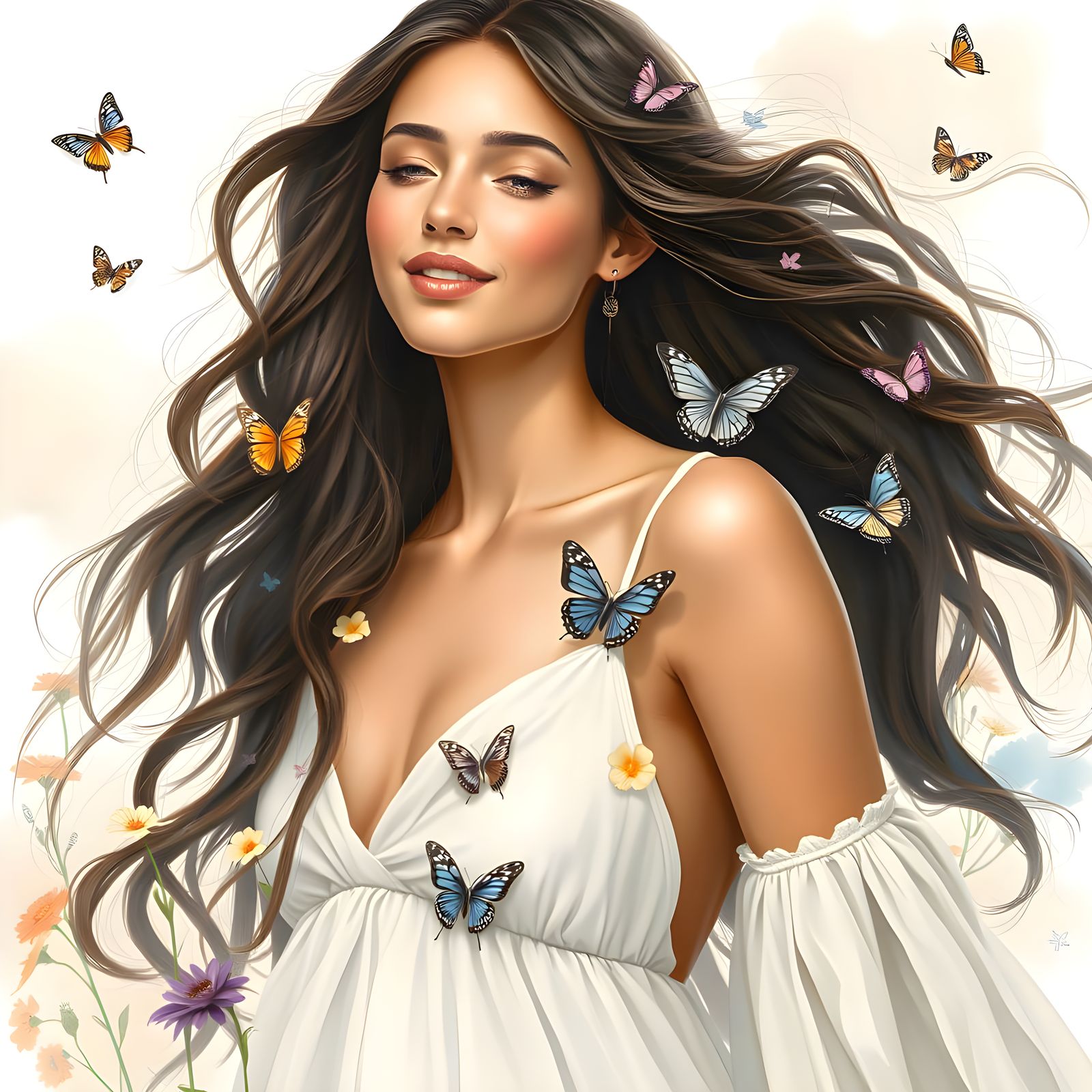 Beautiful Woman with Flowers: Hyperrealistic Art Nouveau Por...