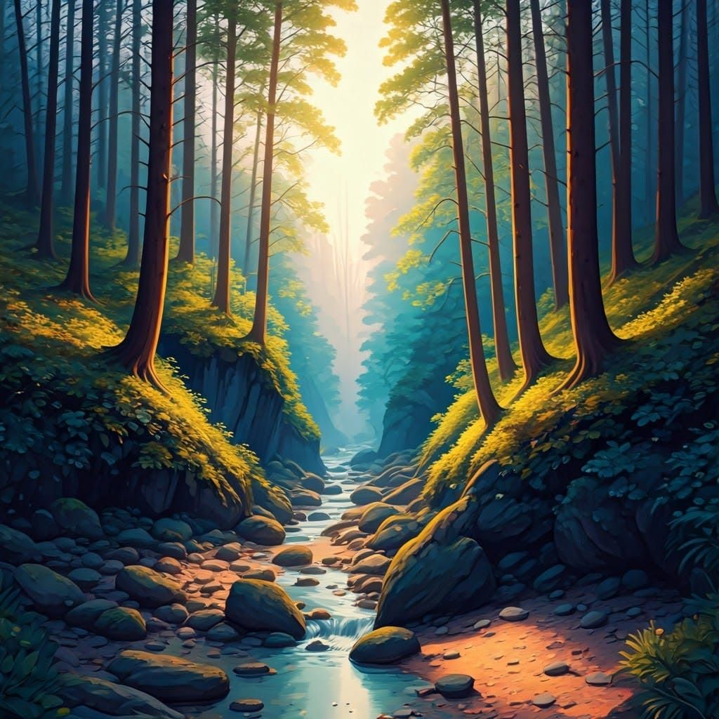 Vivid Wooded Valley with Golden Light: Alcohol Ink Art