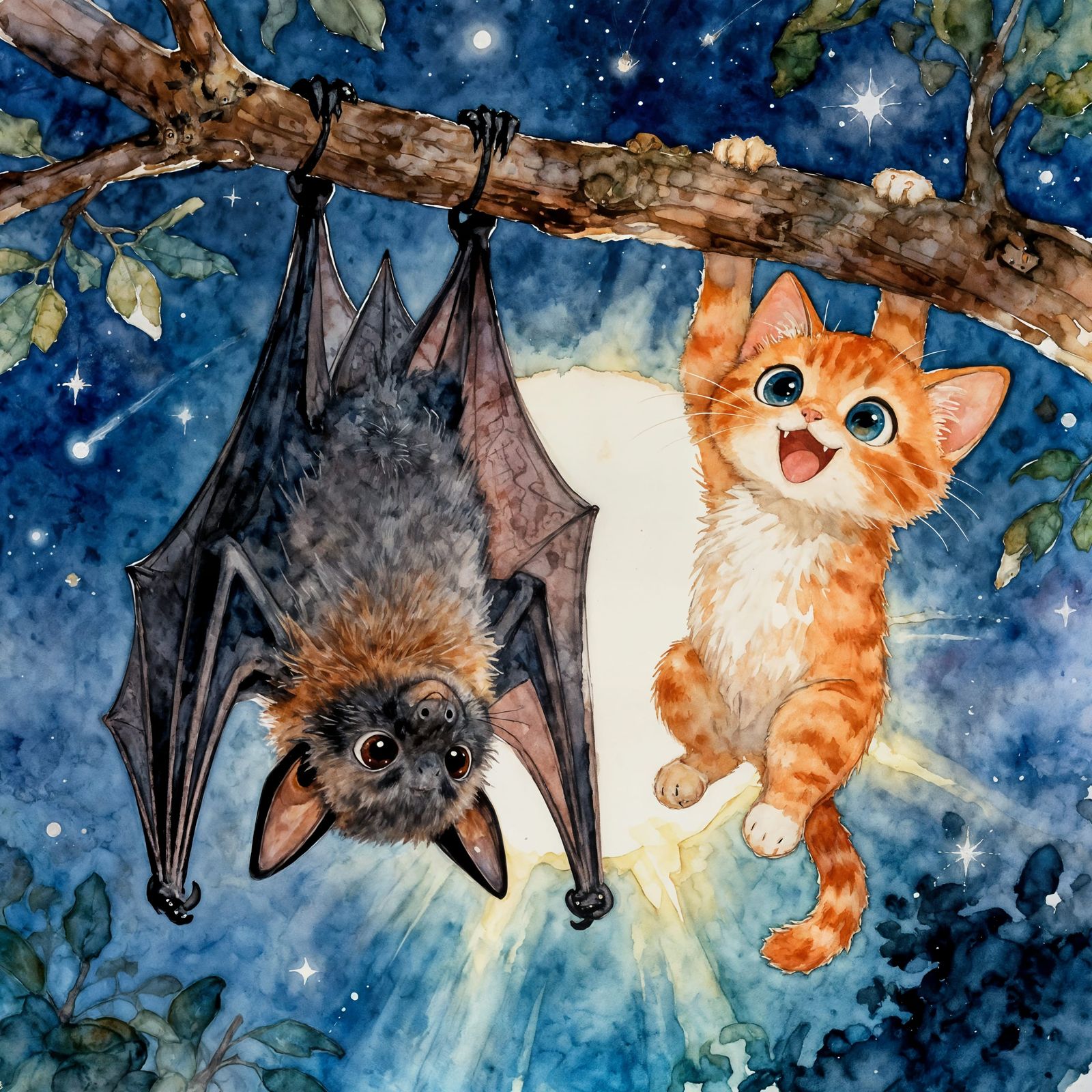 Adorable Bat and Kitten Laughing Together Nighttime