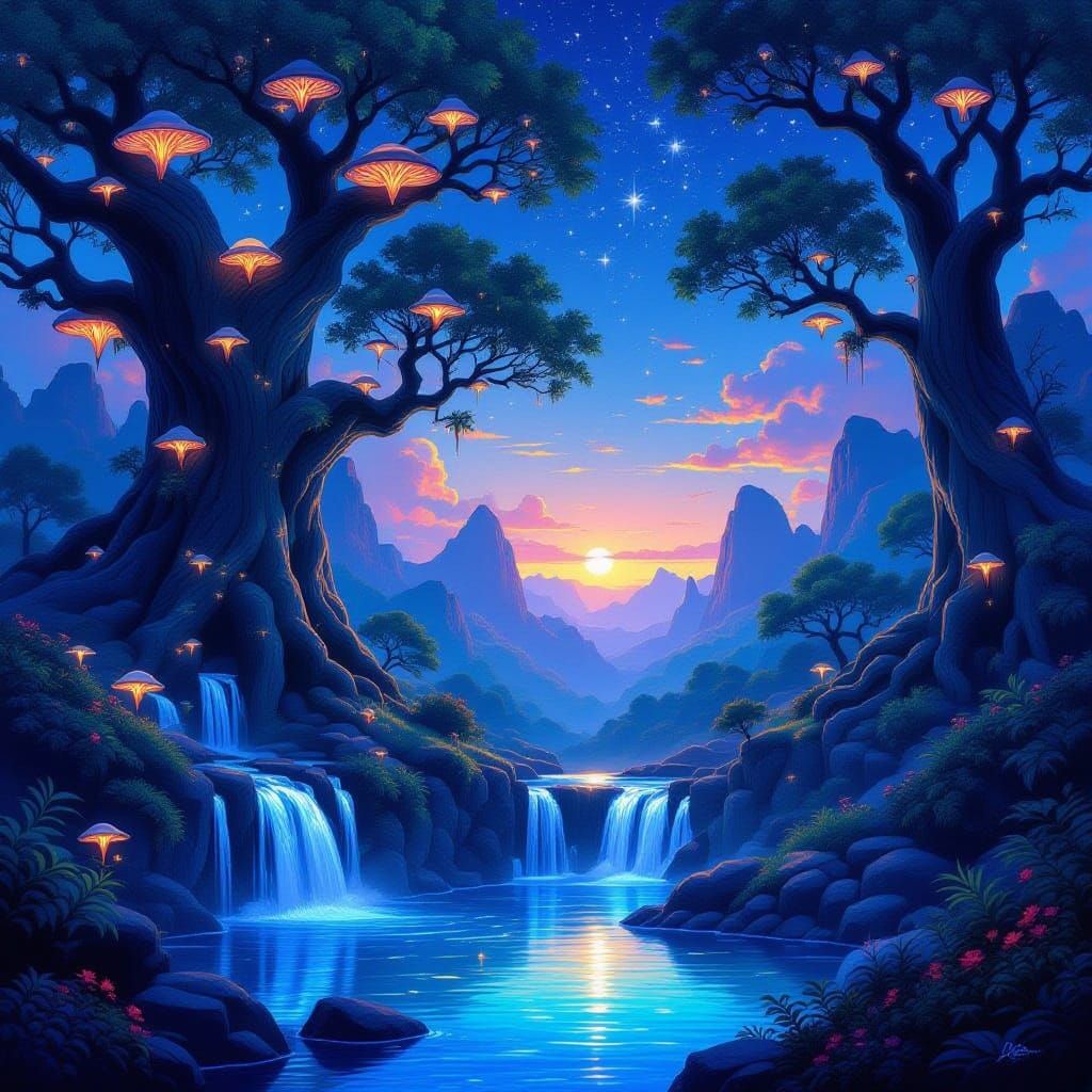 Majestic Fantasy Landscape with Bioluminescent Forest Glow