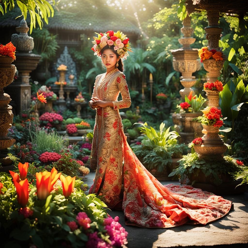 Balinese Beauty in Surreal Flower Garden, Hyperrealistic Art
