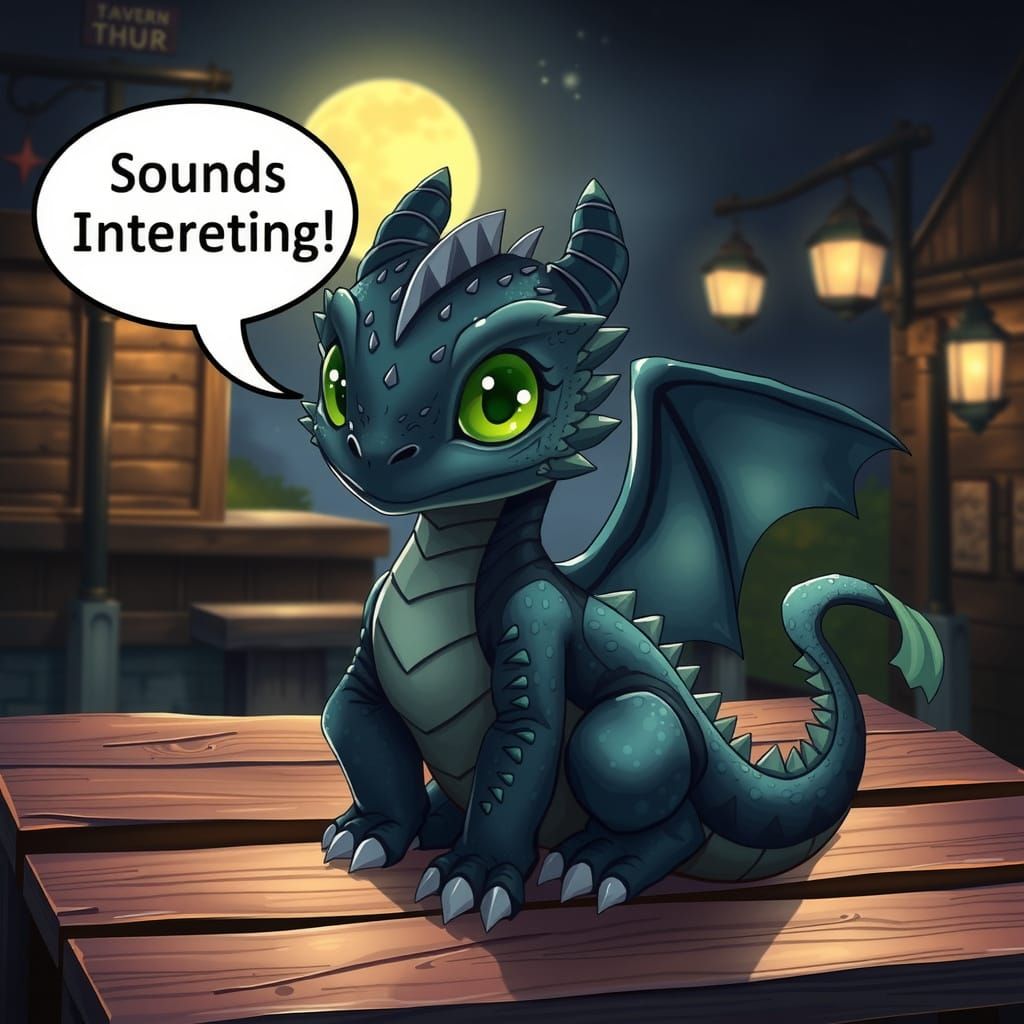 Little Obsidian Dragon Sitting on a Wooden Bench