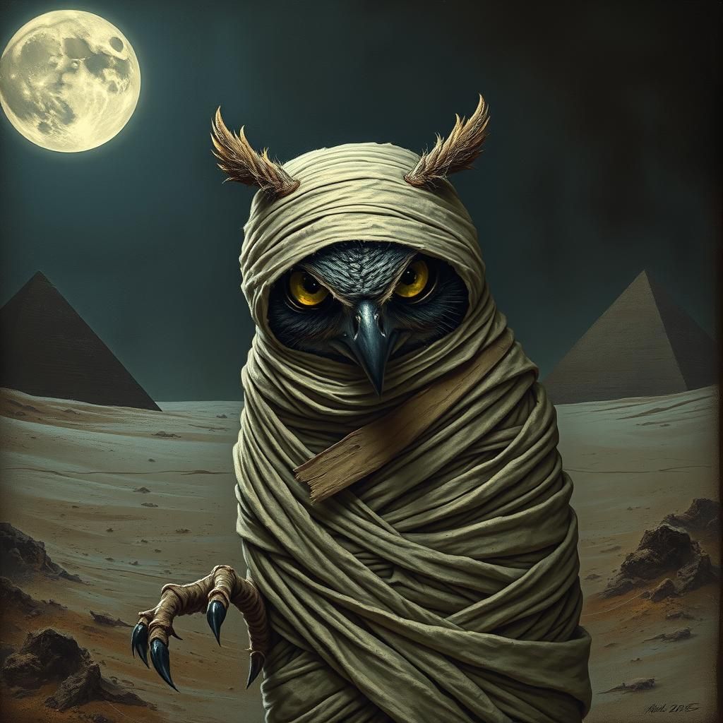 Owl Mummy Zombie in Dark Surrealist Style