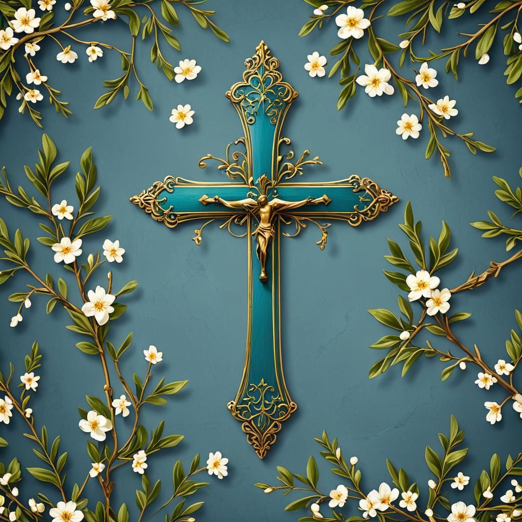 Antique Green Cross with Flowers on Blue Banner