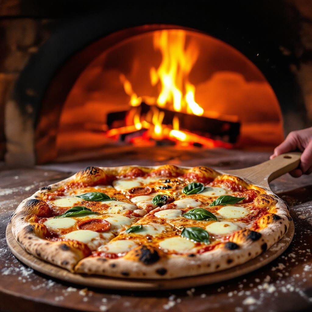 Delicious Pizza Baking in Wood-Fired Oven