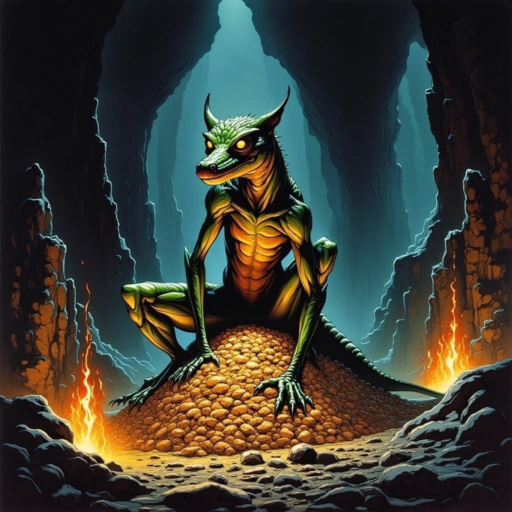 Mystical Kobold Amidst Treasures in a Fantasy Cave