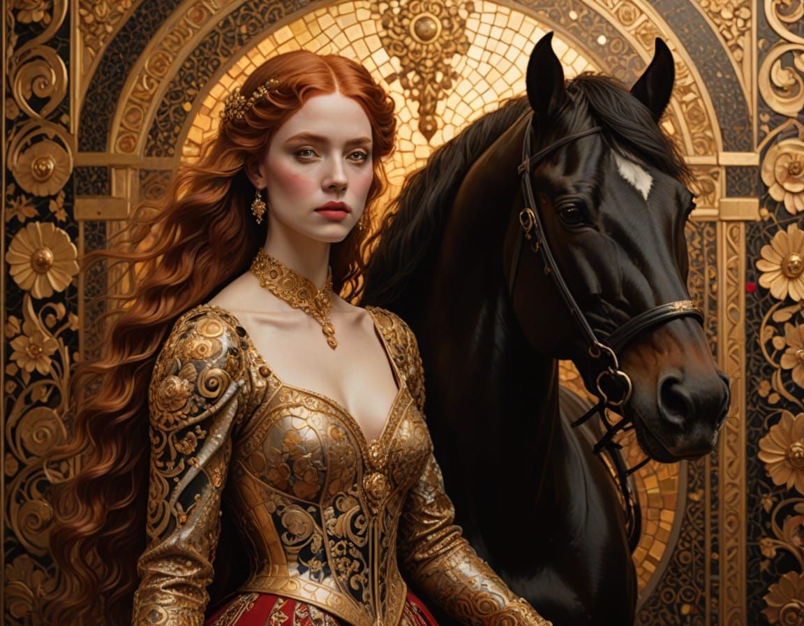 Elegant Woman in Golden Regalia with Majestic Black Horse