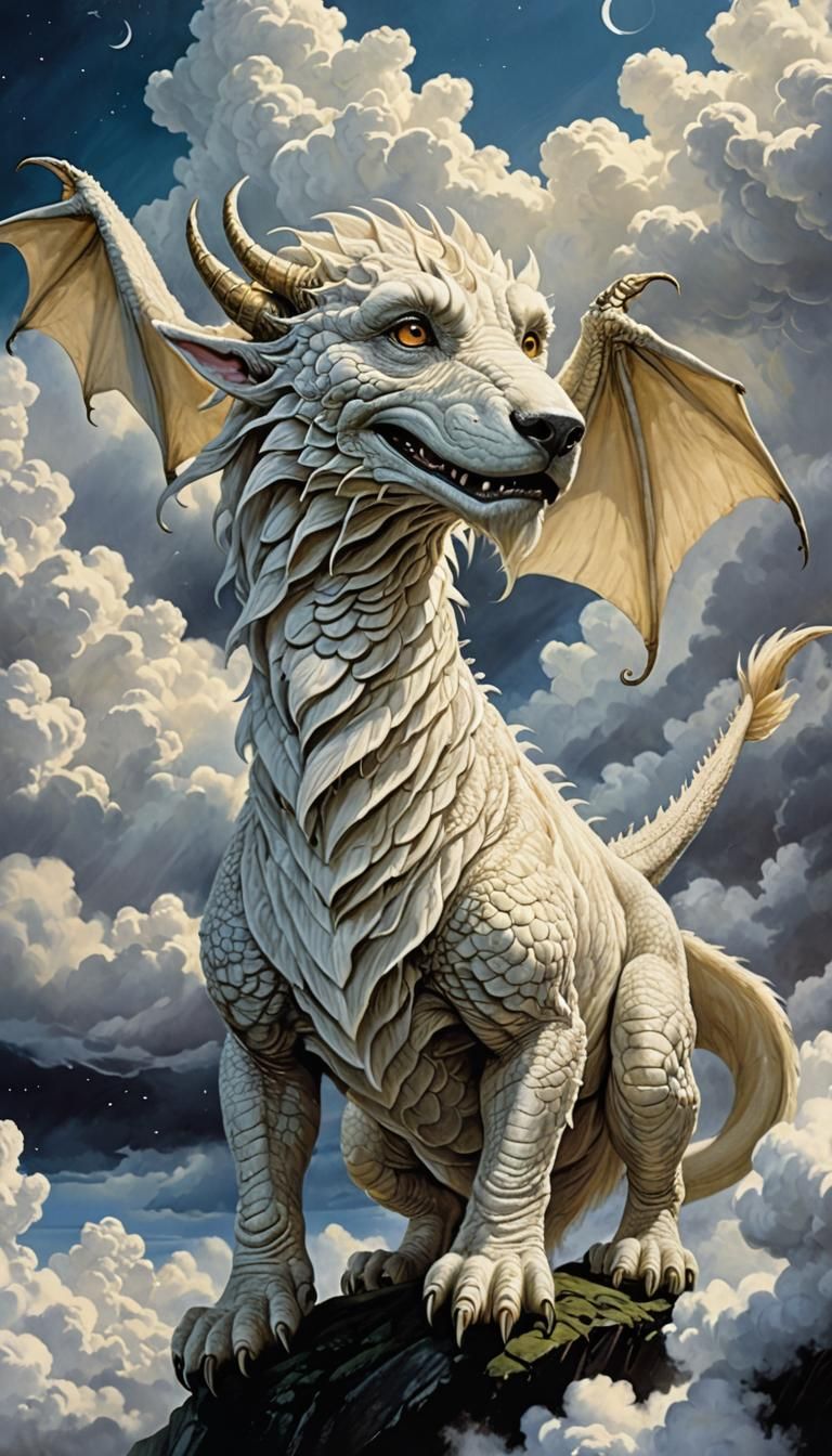 " Insanely_detailed_illustration. Falkor the_huge_luck dragon do filme "Neverending story" 1984 sobre as nuvens, corpo a...