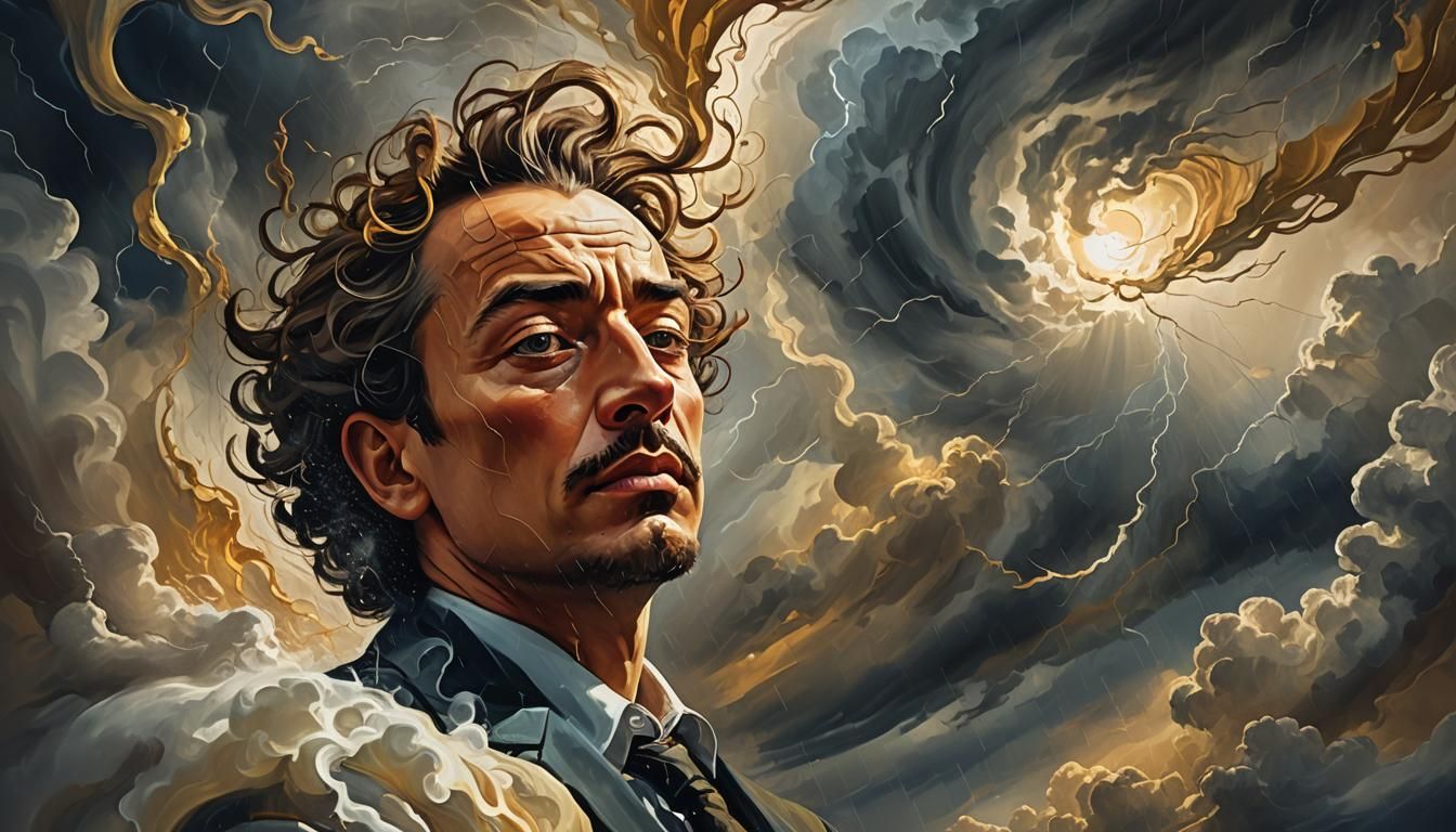 Meditating Man Amidst Storms: Surreal Digital Art