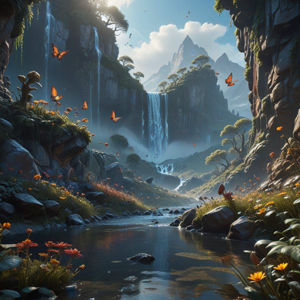 Ethereal Dawn Mountain Landscape with Majestic Waterfall and...