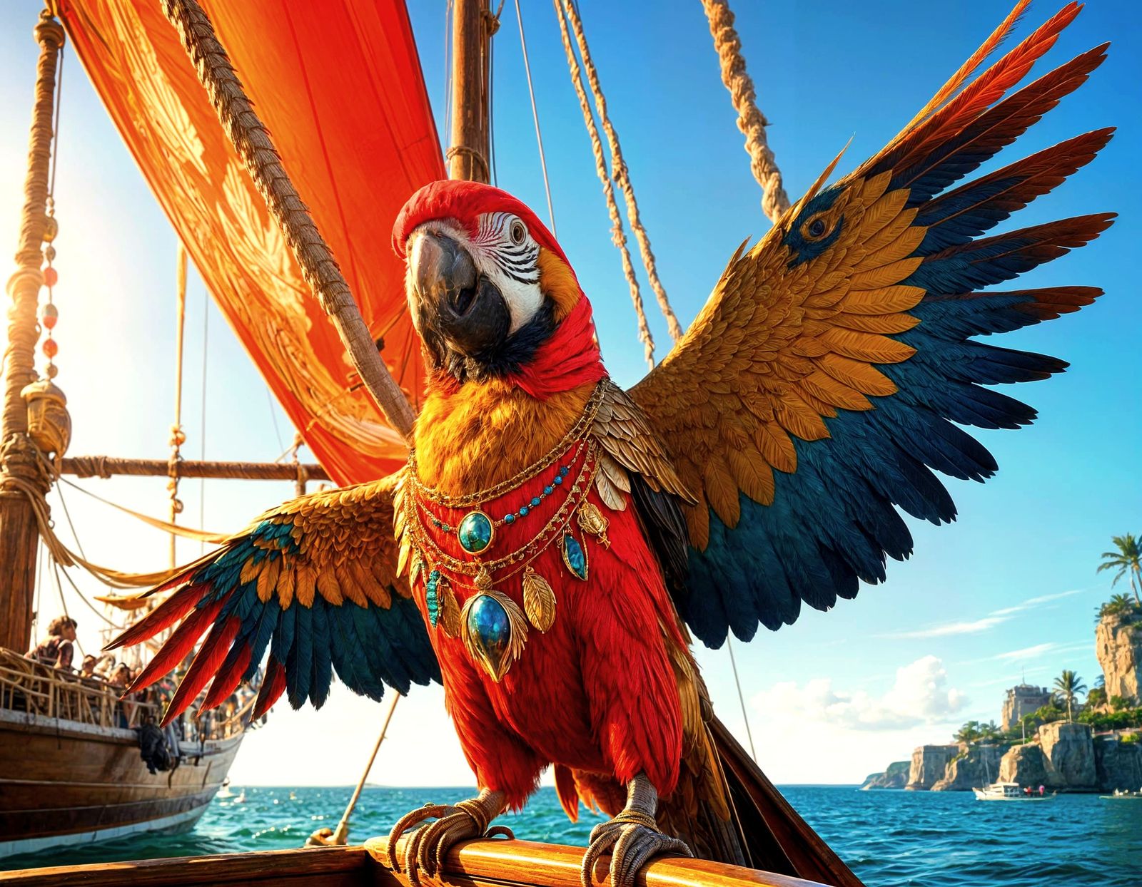 Pirate Parrot with Jewels Posing on Sailboat