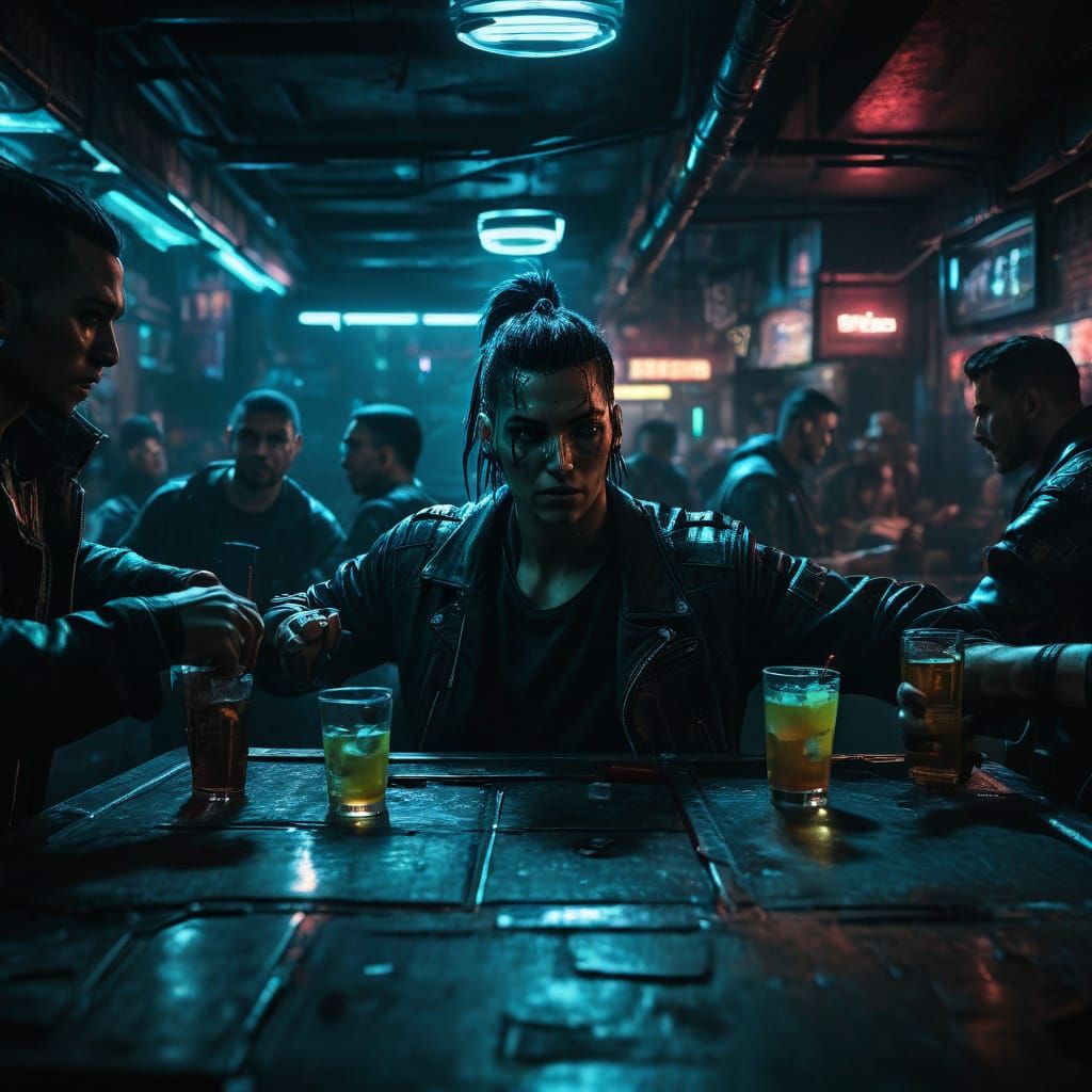 Cyberpunk Bar Fight in Neon Noir Style
