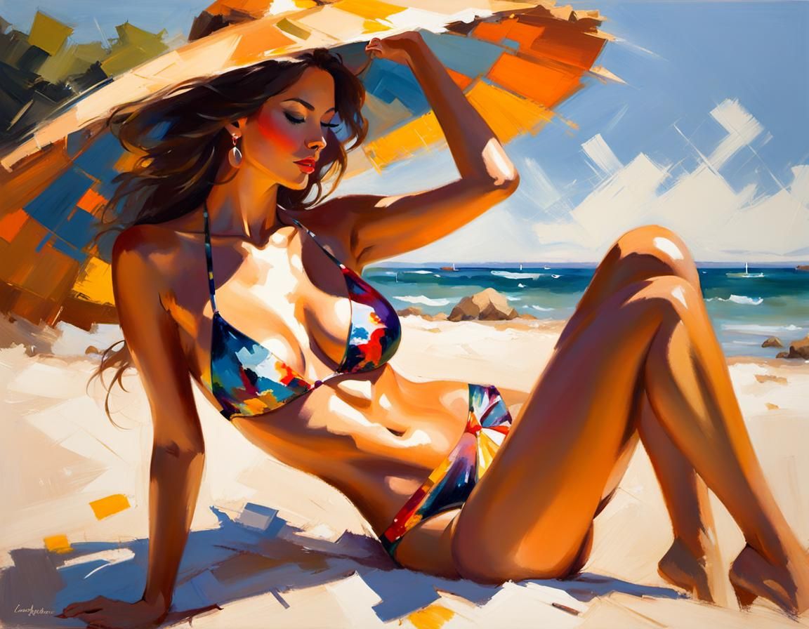 Woman Sunbathing on Beach in Impressionist Style