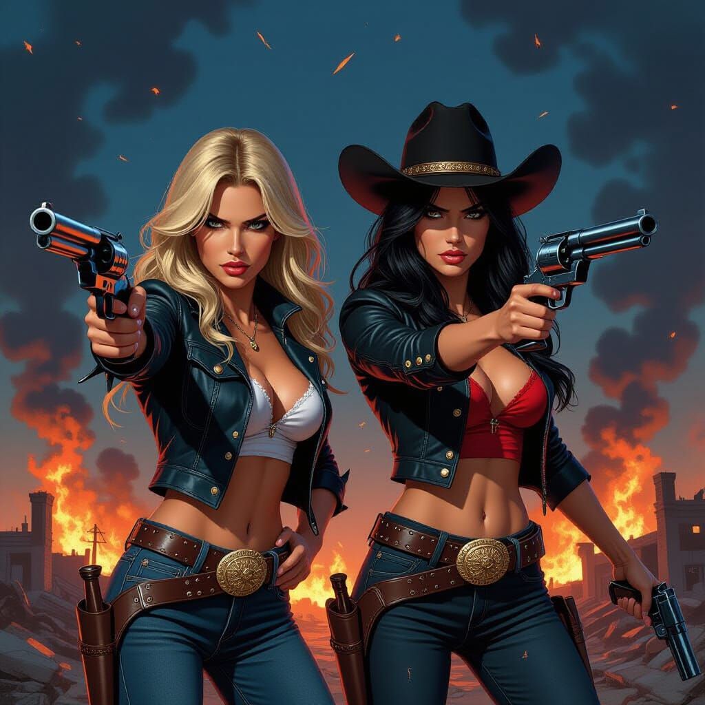 Cowgirl Warriors in a Dark Fantasy Battle Scene