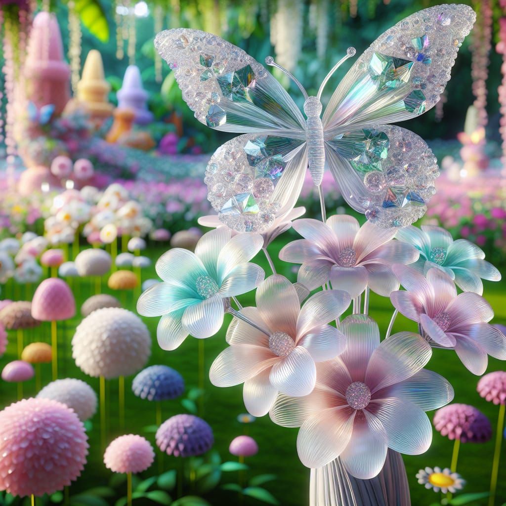 Diamond Butterfly on Translucent Flowers in 3D