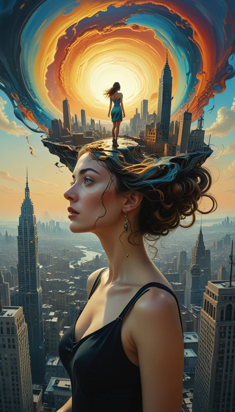 Surreal Woman on Skyscraper Rooftop in Dreamlike City