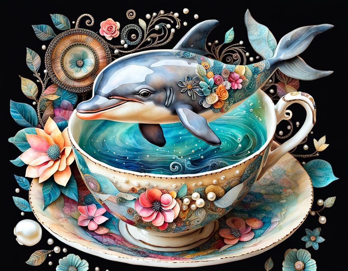 Whimsical Flying Dolphin Mixed Media Collage