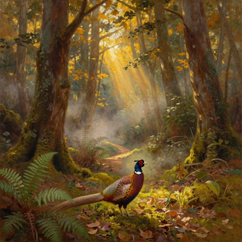 Sunlit Forest Oil Painting with Pheasant
