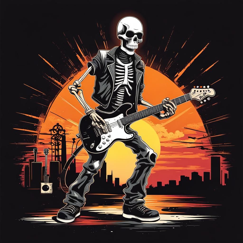 Retro Steampunk Skeleton Guitarist T-Shirt Design