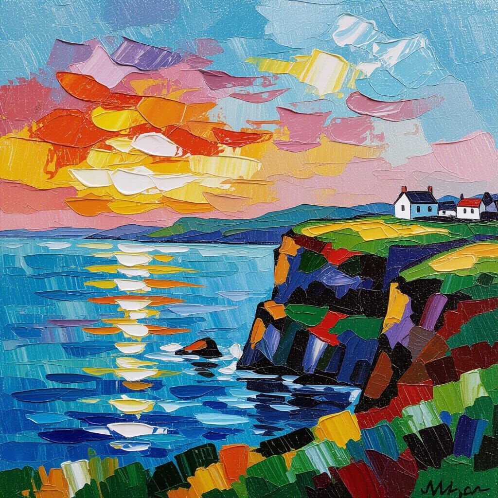 Irish Cliffside Oil Painting in Neo-Impressionist Style
