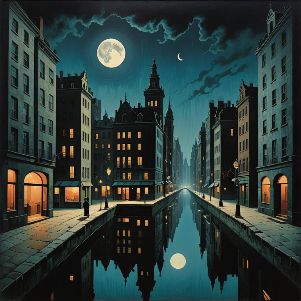 Surreal Melting Cityscape with Eerie Moonlit Shadows