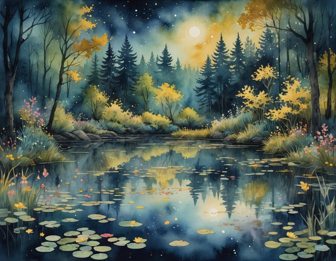 Watercolor Pond Under Starry Night Sky