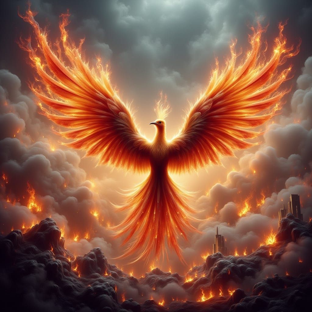 Majestic Phoenix Rising from Burning Cityscape