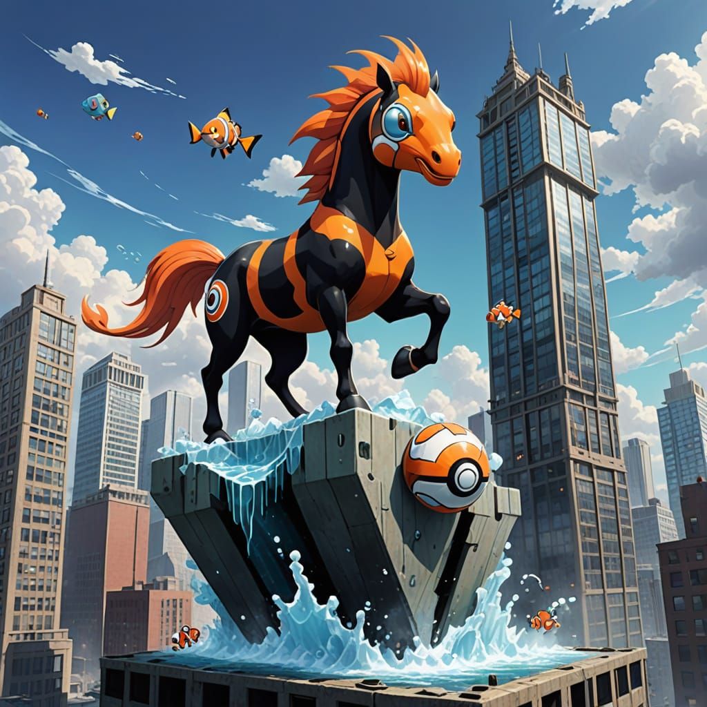 Psychedelic Horse-Clownfish Pokemon on Sunken Skyscraper