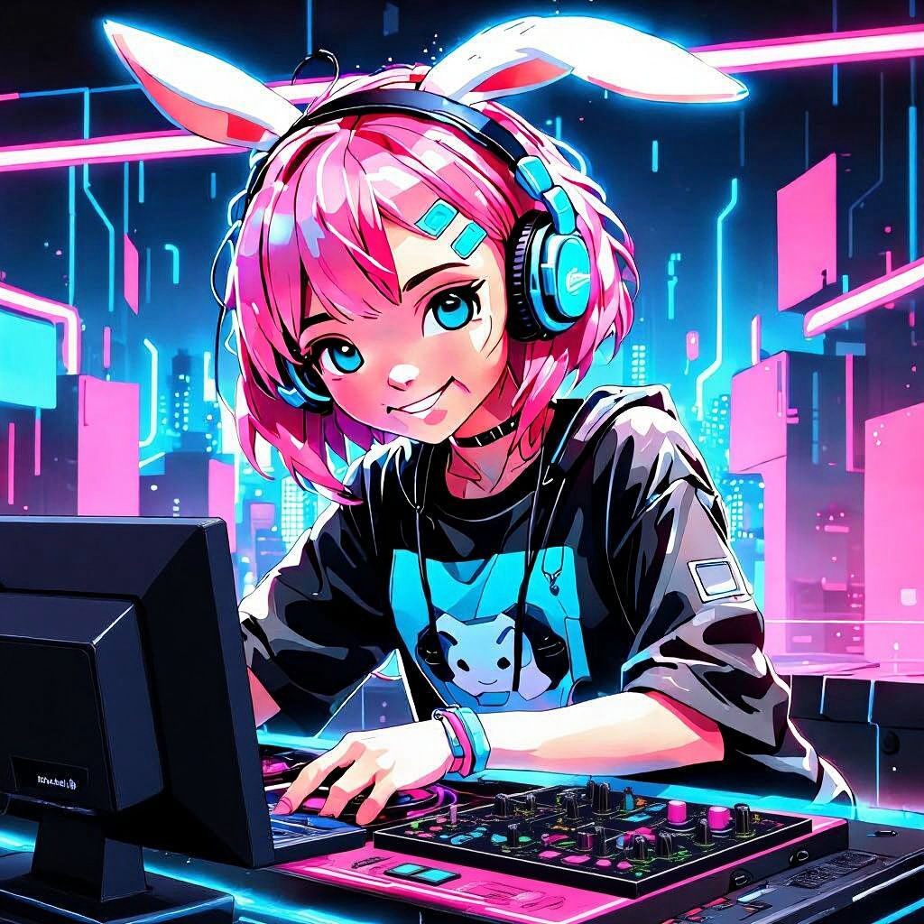 Cute Cyberpunk DJ Girl in Neon Scene