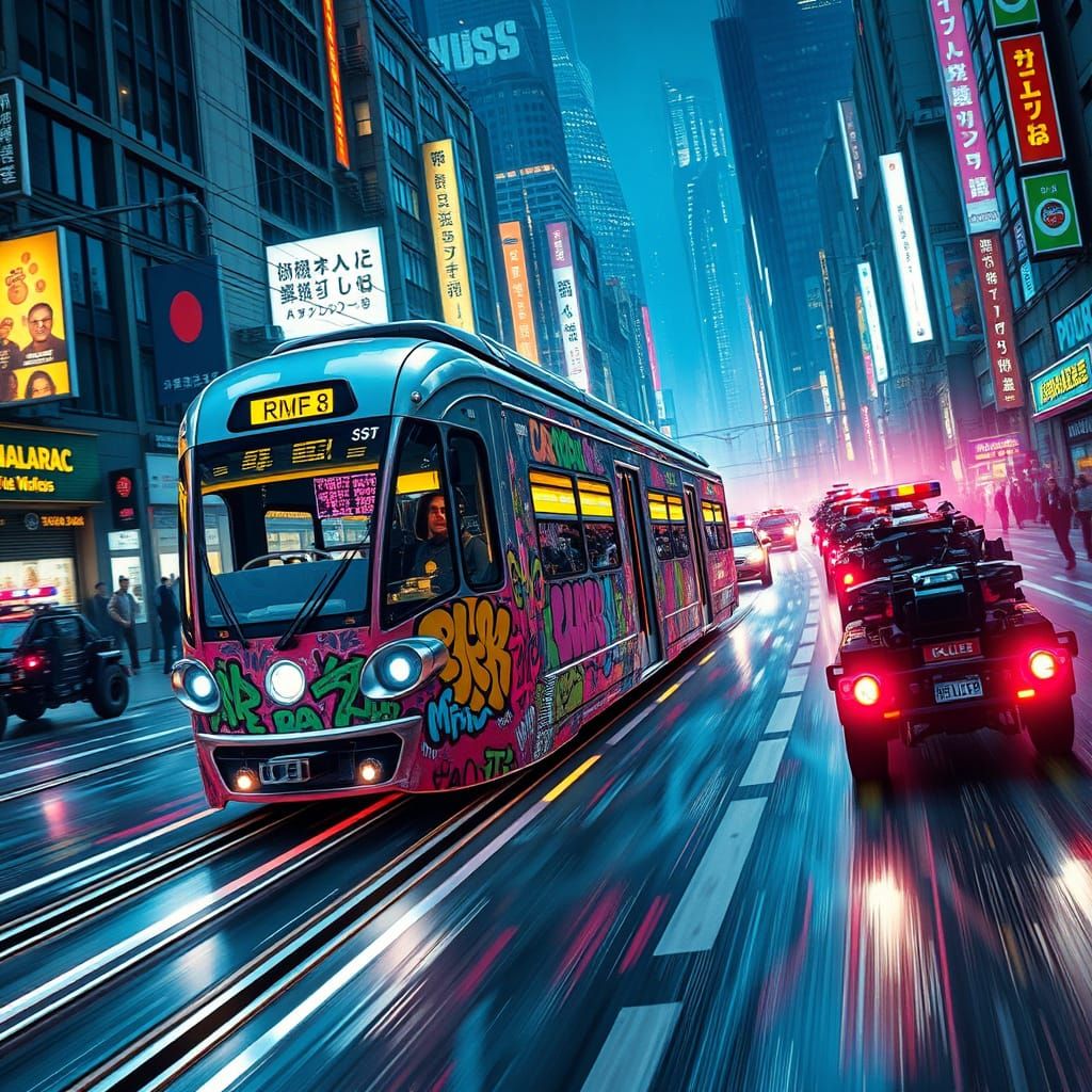 Sleek Futuristic Streetcar Trolley Speeds Through Neon-Lit C...